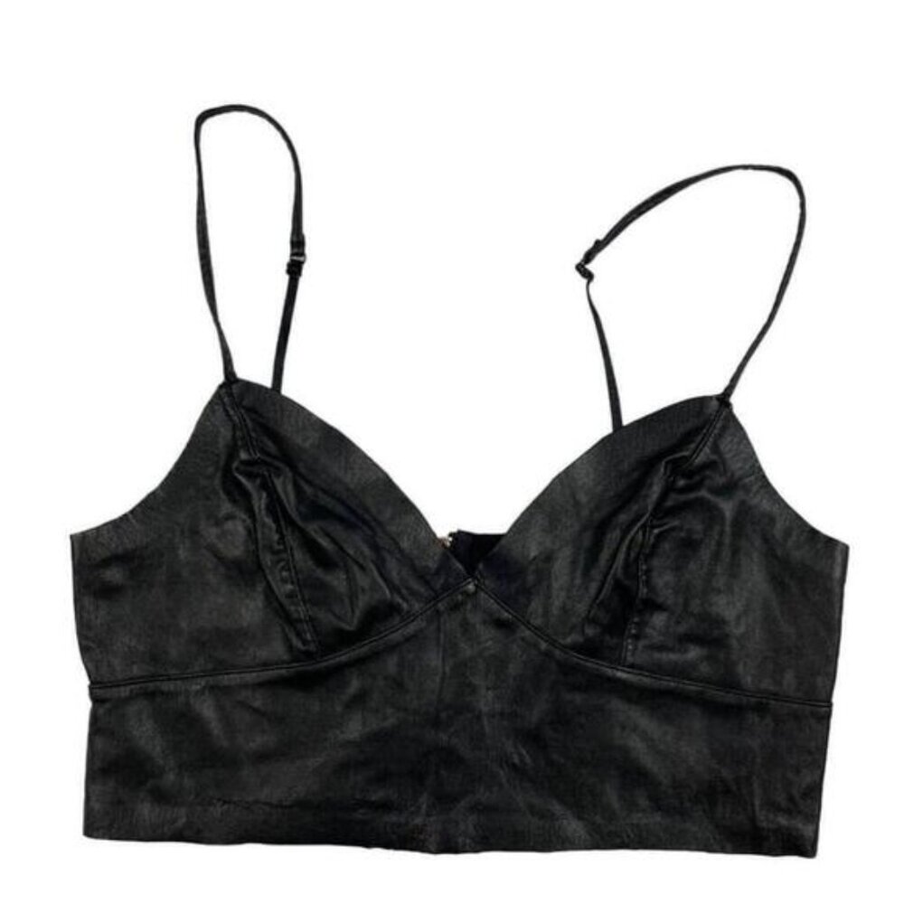 Womens Bralette Top Black Faux Leather Lined Adjustable Straps Back Zipper